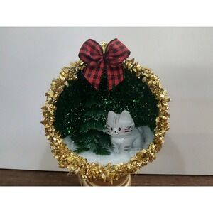 Cat Christmas Ornament Handmade Vtg Style OOAK Shatterproof Kitten Diorama O7